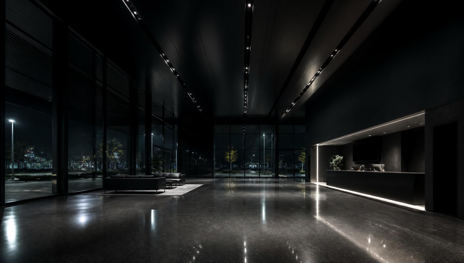 Dark architectural showroom interior at night
